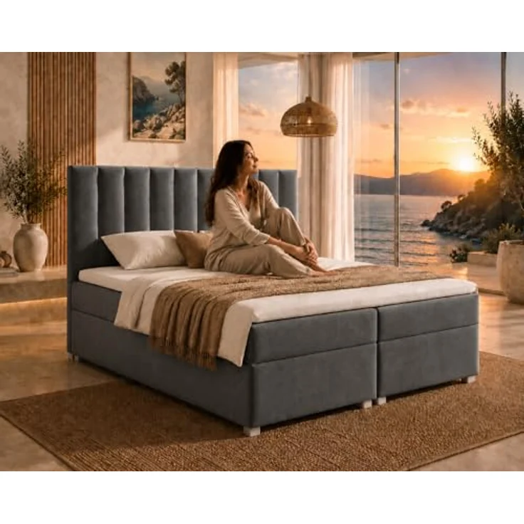 Best for Home Boxspringbett Trinity K-10, Doppelbett mit 2 Bettkästen, 7-Zonen Komfort-Topper, Federkernmatratze, gepolstertes Kopfteil, Graphit, verschiedene Größen 140x200 bis 200x200 cm – Bild 4