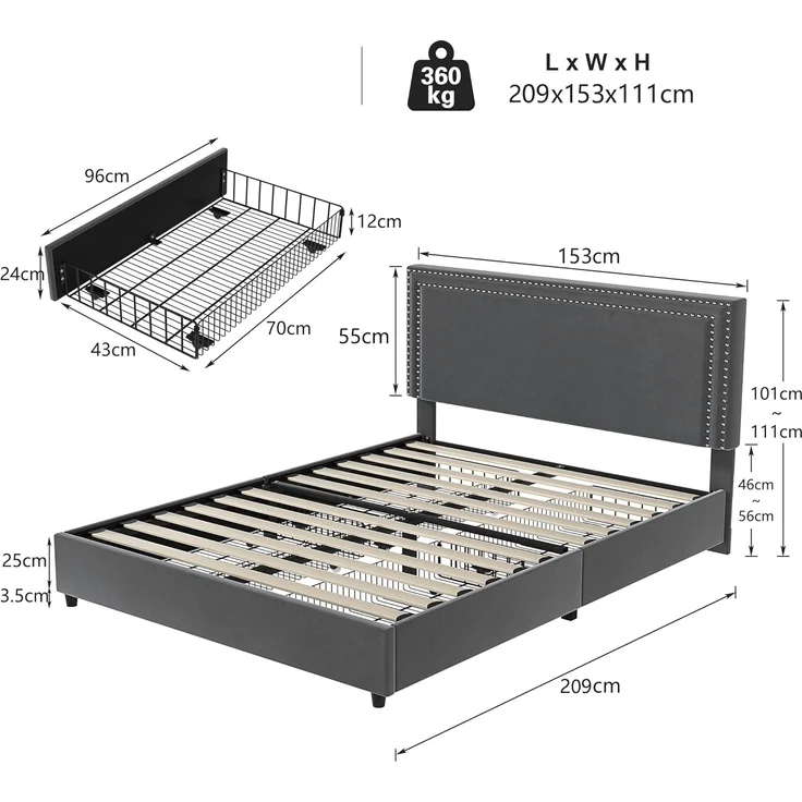 VECELO Polsterbett 140x200 cm Doppelbett mit 4 Schubladen und Höhenverstellbarem Kopfteil, Bettrahmen mit Lattenrost, Gepolstertes Bettgestell, Kein Boxspring erforderlich, Samt, Ohne Matratze, Grau – Bild 2