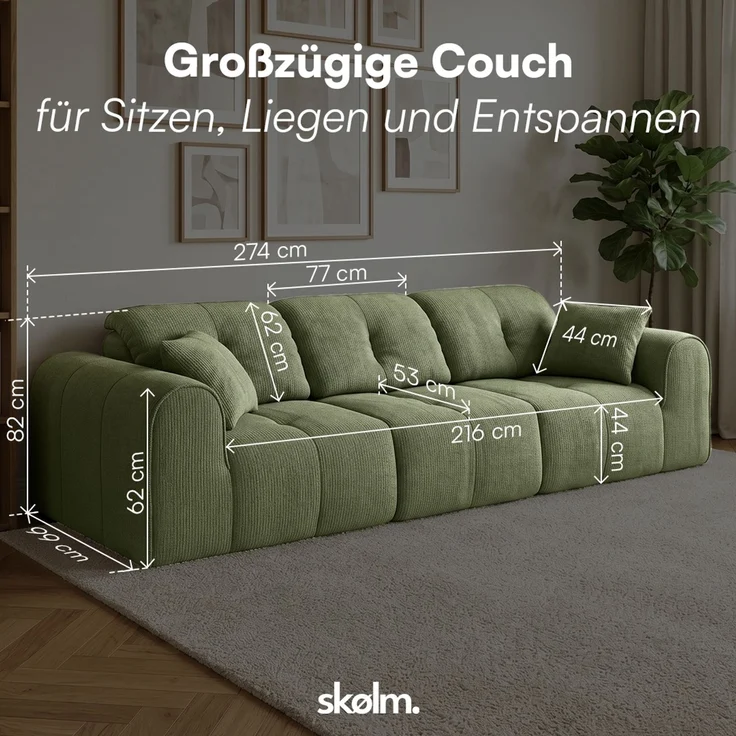 skølm 'Vanaheim' Sofa 3 Sitzer mit 2 Kissen, Cloud Sofa dunkelgrün, Chenille-Stoff, Vollschaumcouch mit Federkern und Vakuum-Kompression, kein Aufbau erforderlich – Bild 8