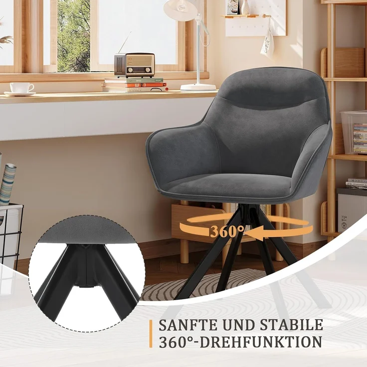 GOEURVANT 1370 Esszimmerstühle 4er-Set mit Armlehnen, 360° Drehbar, Samt - Dunkelgrau – Bild 5