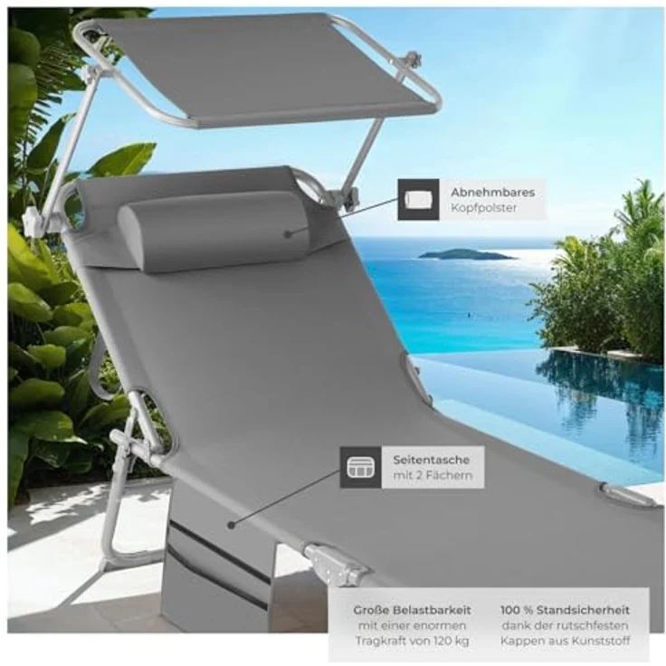 tectake® Sonnenliege klappbar, tragbar, Liege mit Seitentasche, Strandliege, Gartenliege mit Dach, Liegestuhl mit Verstellbarer Rückenlehne, inkl. Kopfkissen - für Balkon, Terrasse, Camping - grau – Bild 6