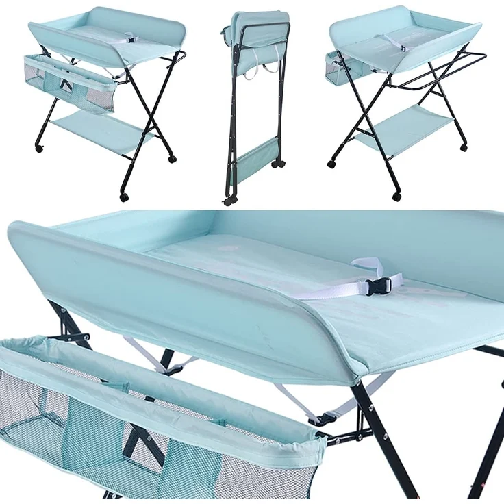 Faltbare Baby Wickelunterlage mit stabiler Struktur, Wickeltisch für Kinder, platzsparender Wickeltisch für Windelwechsel, 4 Rollen mit Bremse, mit Staufächern (80 x 66 x 98 cm) – Bild 3