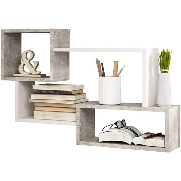 Selsey Kassi - Wandregal/Hängeregal/Bücherregal in Betonoptik/Weiß Matt 54x87 cm, 30 x 30 x 50 cm