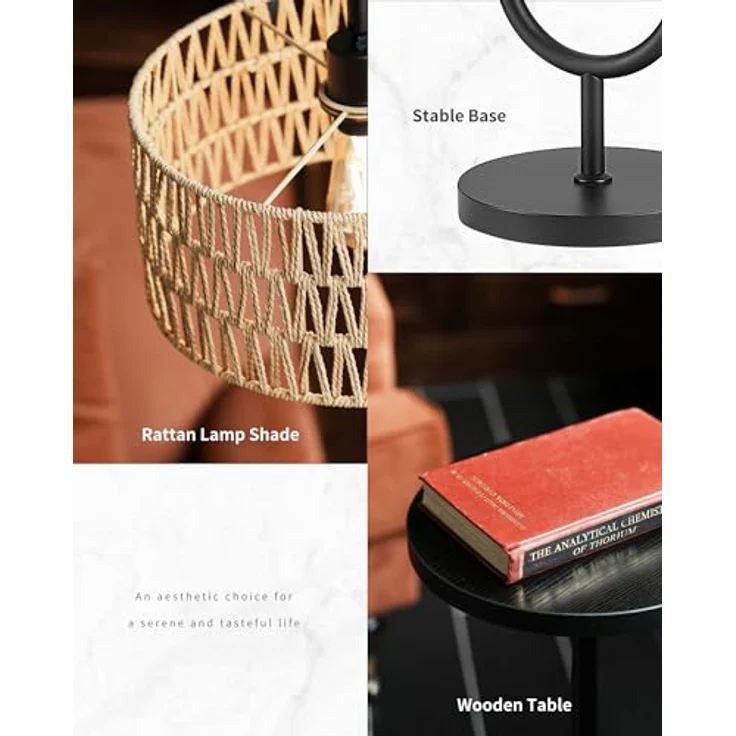 LuminexDesigns Stehlampe Wohnzimmer Vintage Rattan - Stehleuchte Schwarz Retro E27 mit Ablage Höhenverstellbar 176CM Boho Standleuchte mit 2M Kabel Fußschalter Beige Standlampe für Schlafzimmer – Bild 5