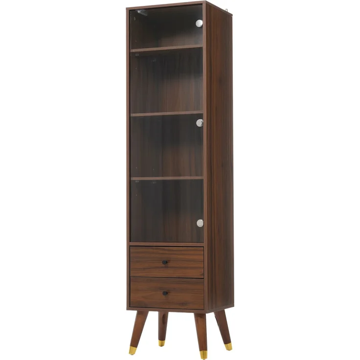 Moderner Hochschrank mit Glastür, Vitrinenschrank mit verstellbaren Regalen und 2 Schubladen, Standschrank für Wohnzimmer, Bad & Büro in Nussbaumholz-Optik--Nussbaum--39.8x35x160cm--YOUDENOVA – Bild 9