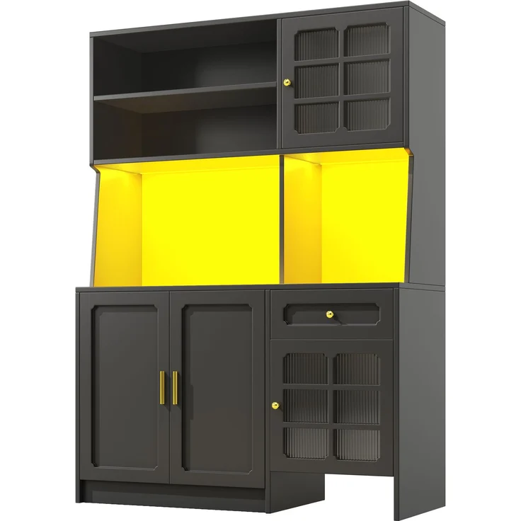 Küchenschrank, hoher Küchenschrank Sideboard Küchenschrank mit Glastüren und LED-Beleuchtung, MDF/Glas, Schwarz, 130 x 45 x 180 cm – Bild 9