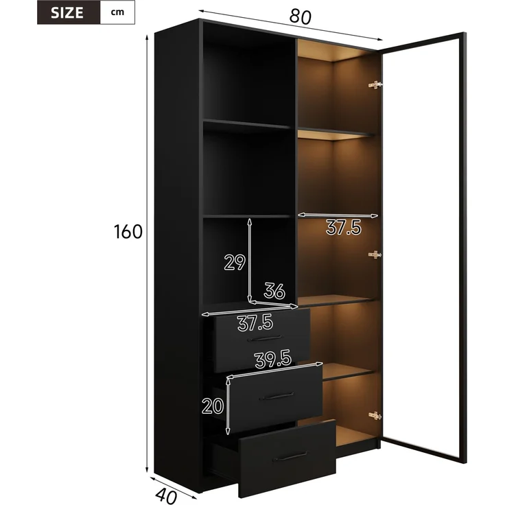 Vitrine 80 x 40 x 160 cm mit LED-Beleuchtung, Glastür und 3 Schubladen – Bild 5