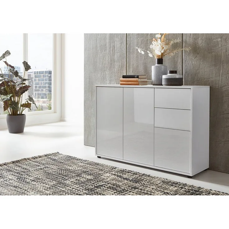 BMG Möbel Kommode Mailand 10 (in Weiß/ Weiß Hochglanz lackiert), Schubladenkommode Anrichte Sideboard