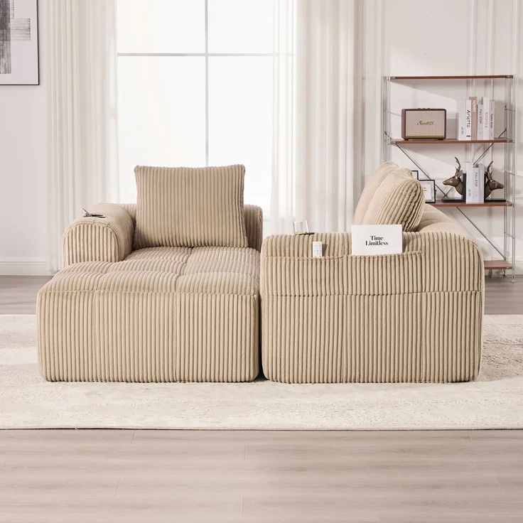 LVHOM Ecksofa 3 sitzer, Bodensofa mit Seitentaschen und Getränkehalter, Polstersofa aus Cordstoff, frei Kombination, Modulares Chaiselongue-Sofa-Set, 253x158x61 cm – Bild 9