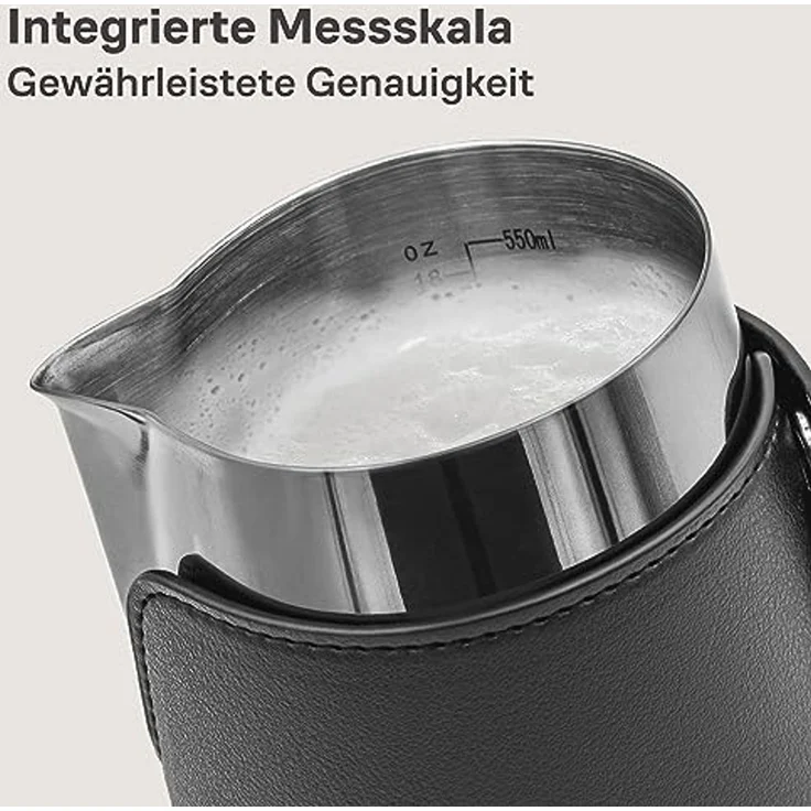 Cosumy Milchkännchen Barista Milchkännchen Edelstahl 500ml mit Lederhülle, 500 l, (Set, 1-St), Griffloses Design - Messskala im Inneren – Bild 4