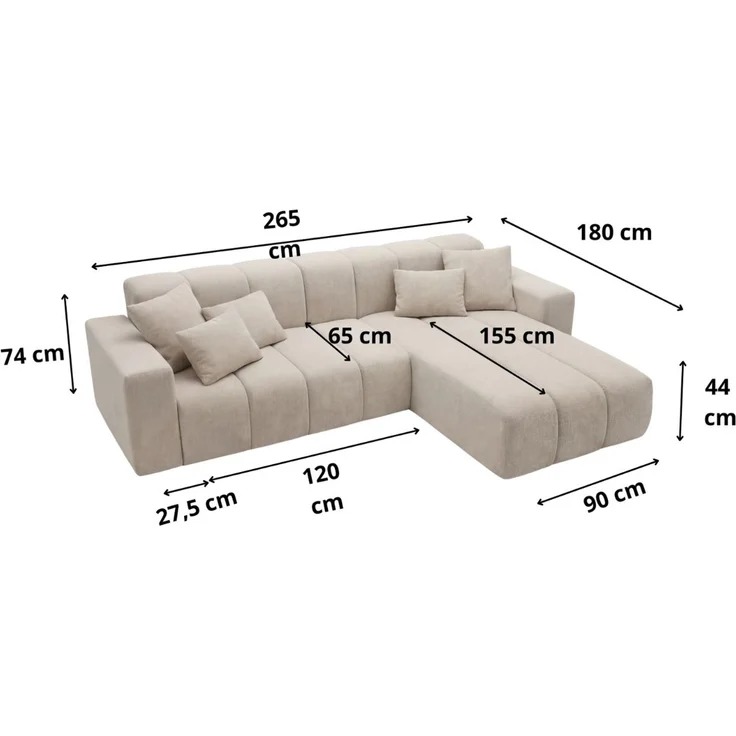 GRAINGOLD Ecksofa L-Form Nork, Wohnzimmer Ecksofa, Couch L-Form, Velour-Stoff, Creme, Rechts – Bild 8