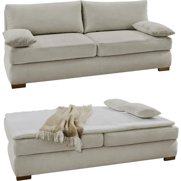 Dauer-Schlafsofa Federkern Couch mit Topper und Bettkasten in Feincord Beige