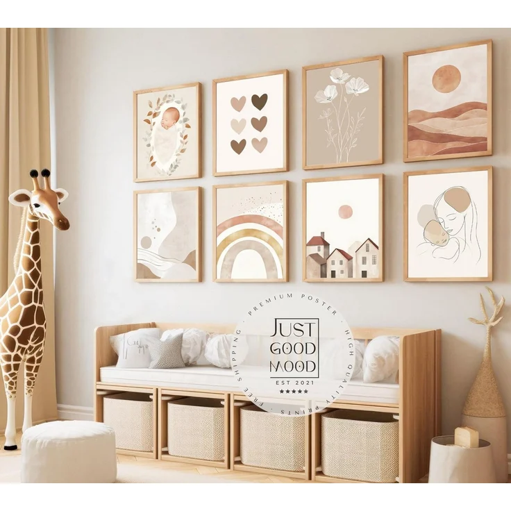 JUSTGOODMOOD Poster Boho Babyzimmer Regenbogen Herzen Blumen Sonne Häuser MutterKind Scand, (1 St) – Bild 1