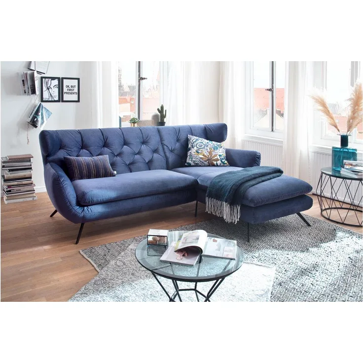 Candy Ecksofa SIXTY in Velour Stoff Velvet navy blau 250x175 cm