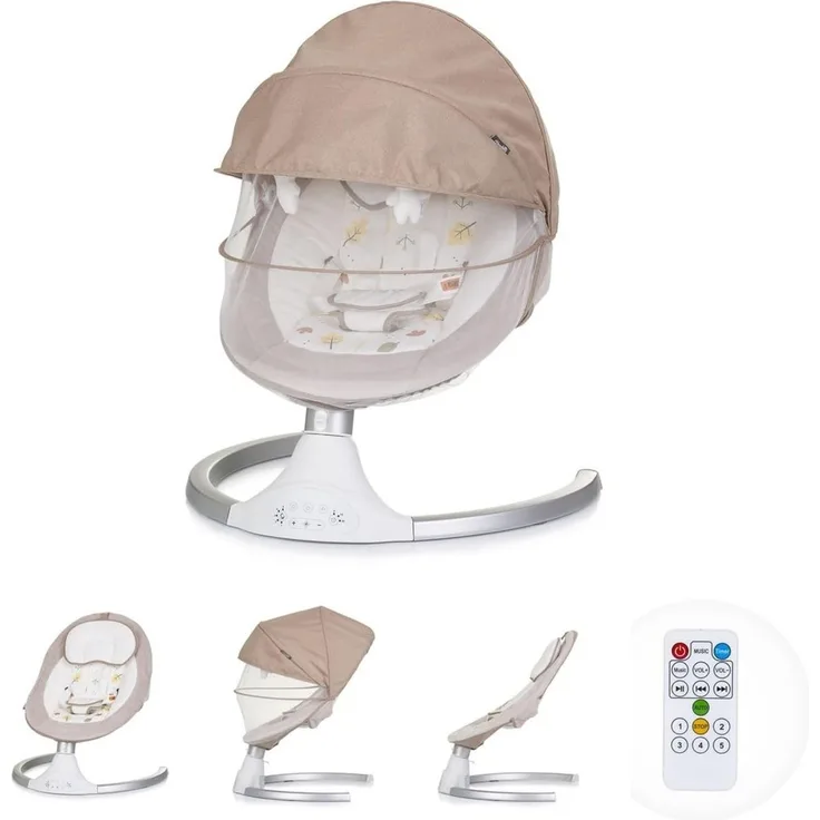 Chipolino Babywippe Brida, Fernbedienung Moskitonetz, Kissen, Plüschtiere, Timer beige