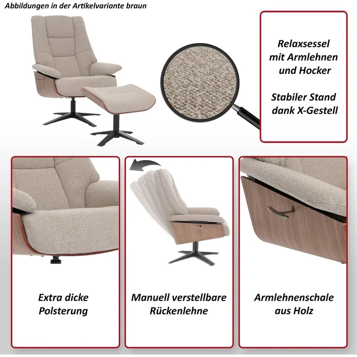 MCA Relaxsessel + Hocker HWC-N57, Fernsehsessel Liegesessel, Bouclé Stoff Holz ~ grau – Bild 2