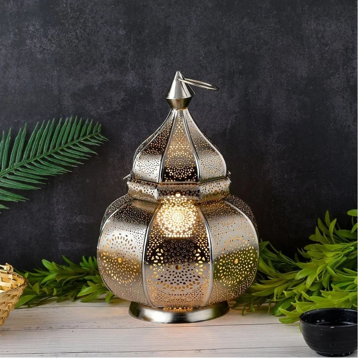 Marrakesch Orient & Mediterran Interior Nachttischlampe Orientalische Laterne Leuchte Tischlampe Lamisa Silber, Handarbeit – Bild 1