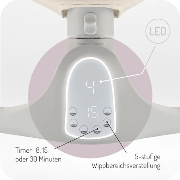 MoMi KENANI SAND Babywippe für Babys bis 9 kg, mit LED-Display, Fernbedienung & Bluetooth für Smartphone, Batterie- oder Stromanschluss, mit 5-Punkt-Sicherheitsgurt, Bügel und Spielzeug – Bild 6
