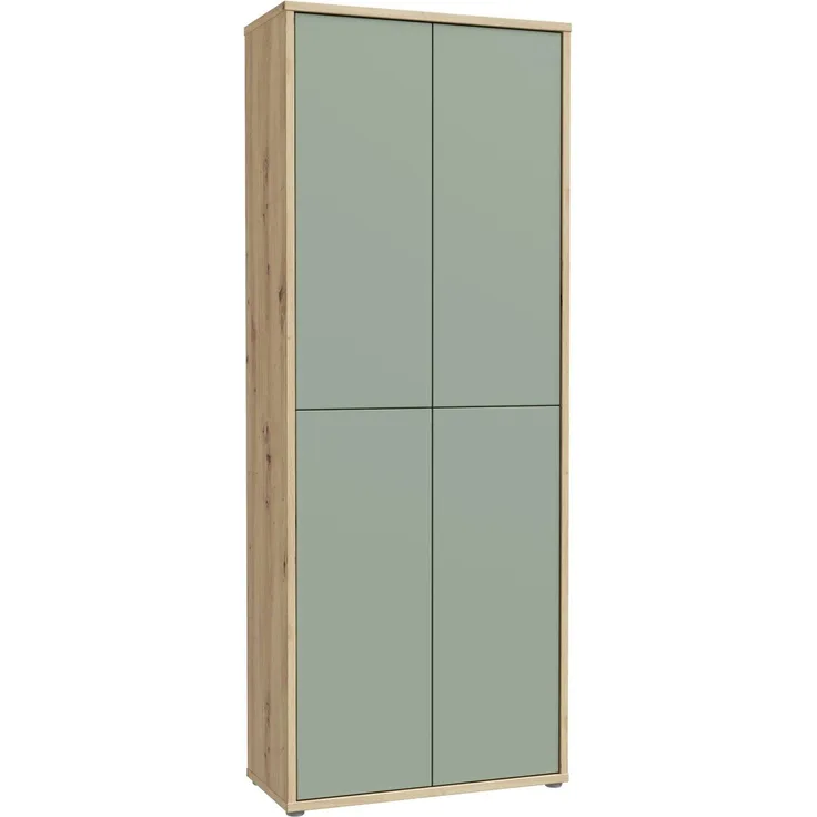 Forte ALICE SPRINGS Schuhschrank 70 80, moderner Flurschrank mit 4 Türen und 8 Einlegeböden, Holzwerkstoff, Salbei / Artisan Eiche Holzdekor, 74,5 cm breit x 191,9 cm hoch x 34,9 cm tief