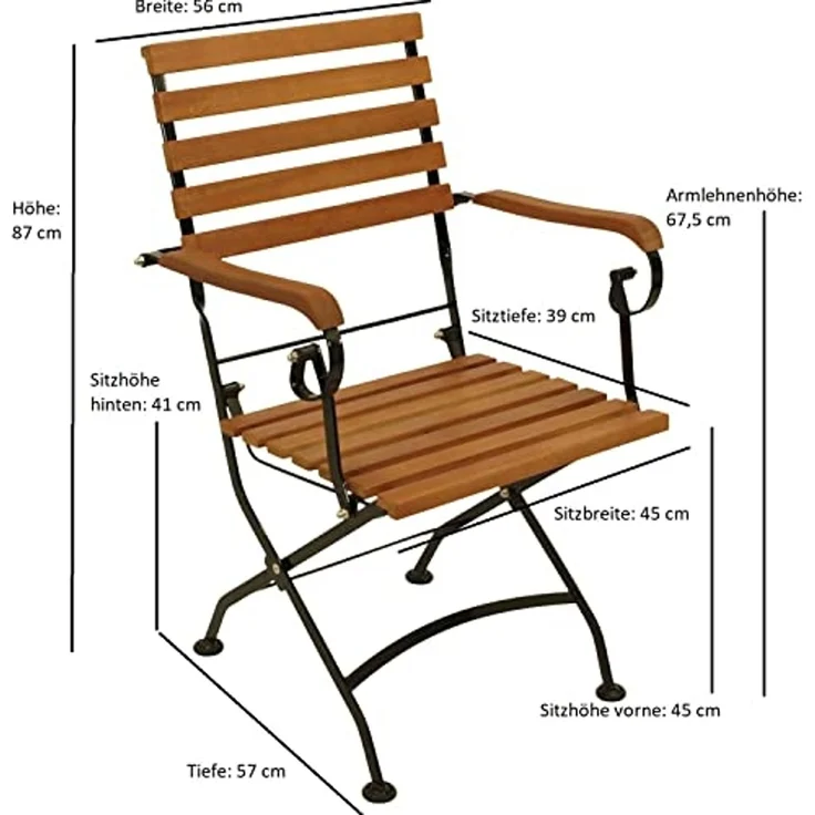 DEGAMO HOFGARTEN Klappsessel mit Armlehnen, Stahl + Eukalyptus, schwarz/braun, 56cm 2-er Set – Bild 2