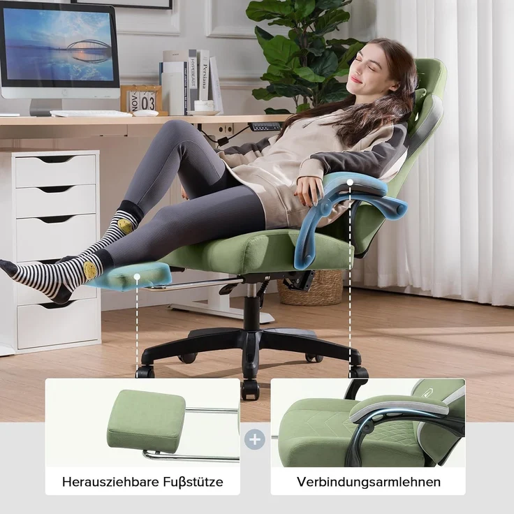 GTPLAYER Gaming Stuhl Ergonomischer Gaming Sessel Schreibtischstuhl mit Stoffoberfläche, Federsitzkissen, Verbindungsarmlehnen und Fußstütze grün – Bild 5