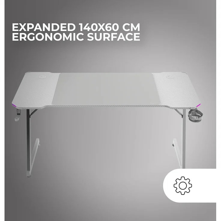 Mars Gaming MGD-X140RGB, Ergonomischer Gaming-Tisch, ARGB-Beleuchtung mit Fernbedienung, Carbonfaser, XXL-Mauspad, Kopfhörer und Getränkehalter, Kabelmanagement, Gaming-Schreibtisch 140x60 cm, Weiß – Bild 3