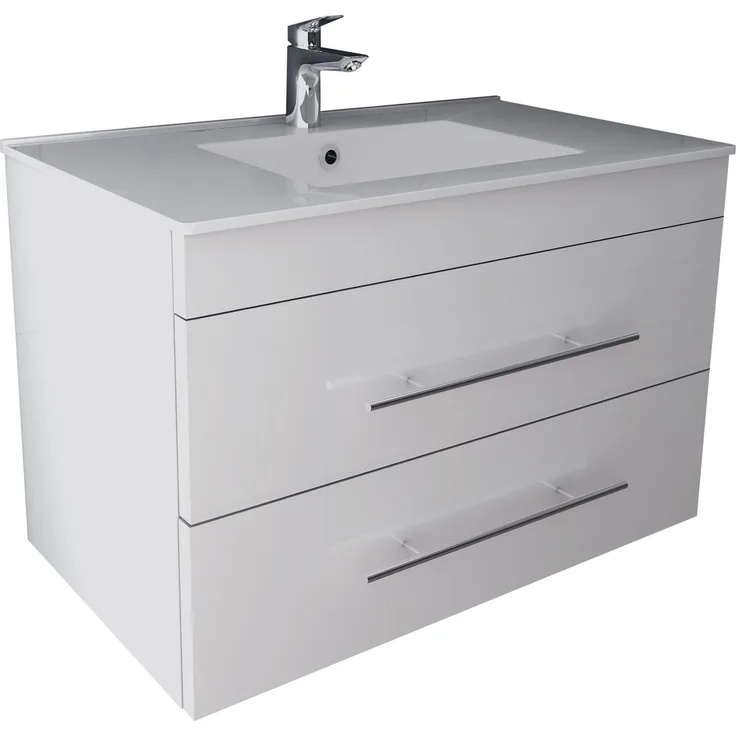 Alpenberger Badmöbel-Set - Bad Waschbecken mit Unterschrank - Waschtisch-Set Vormontiert, (2-tlg, Badezimmerunterschrank mit Waschbecken), Gästebad Waschtisch in Weiß mit Nano & Softclose Schubladen