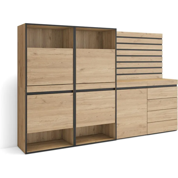 Skraut Home | Schuhregal, Schuhschrank | Schuhaufbewahrung | 227 x 145 x 35 cm | Für Schlafzimmer, Zimmer | Kommode mit Schubladen | Lamellenwand Holz | Moderner Stil | Eiche