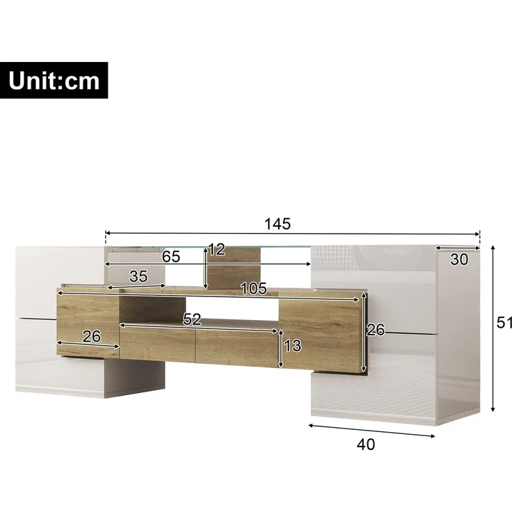 TV-Schrank 145 cm Hochglanzweiß und Holz mit LED-Beleuchtung, 6 Türen, 2 Schubladen, 3 offene Fächer – Bild 9