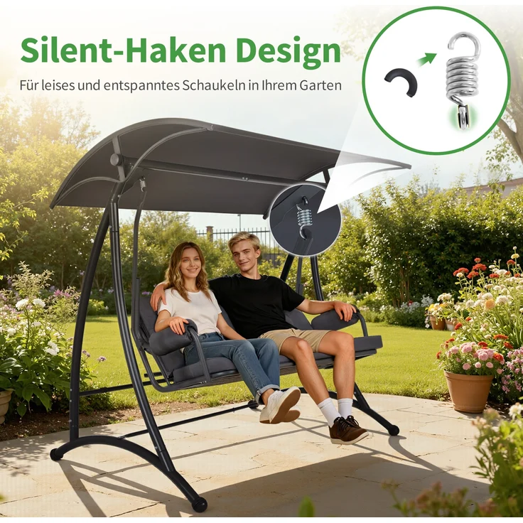 M MCombo 3-Sitzer Hollywoodschaukel mit Liegefunktion, 3 Extradickem Sitzkissen & Silent-Haken, Ruhige Gartenschaukel bis 300kg Belastbar, Schaukelbank Outdoor Wetterfest 4025 (grau) – Bild 5