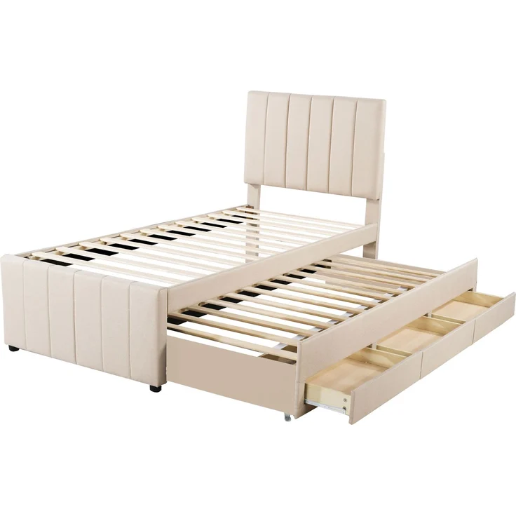 Polsterbett 90x200 cm mit Rollbett und 3 Schubladen – Beige, höhenverstellbares Kopfteil – Bild 9