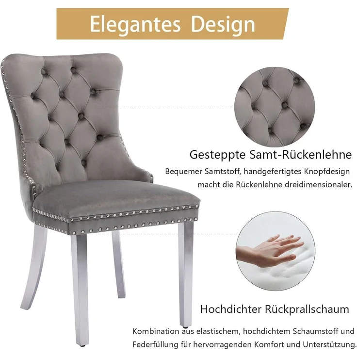 Esszimmerstühle Polsterstühle Grau (Silbernen Edelstahlbeine) 2er-Set – Bild 5