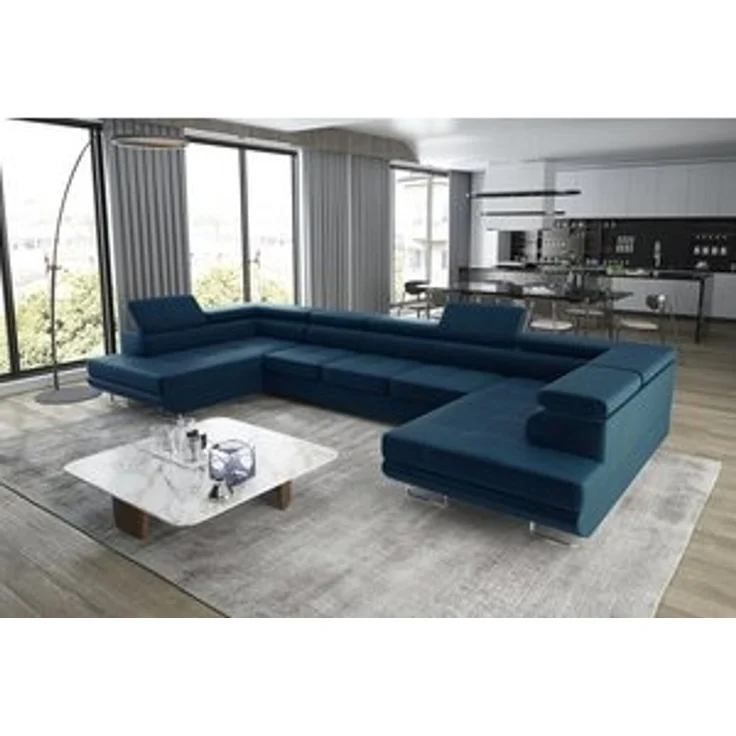 thematys Ecksofa Aston U 403 x 203 cm, mit Schlaffunktion, mit Bettkasten, mit verstellbaren Kopfstützen, Blau (Monolith 77), Ausrichtung 390 cm|350 cm – Bild 7