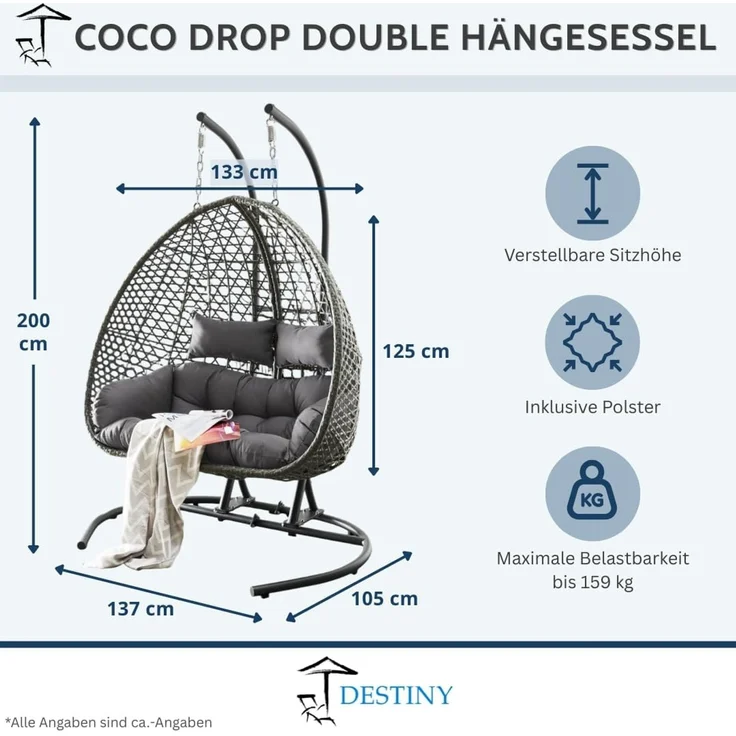 Destiny Hängesessel COCO DROP DOUBLE, Stahl, Polyrattan, mit Gestell, inkl. Auflagen – Bild 2