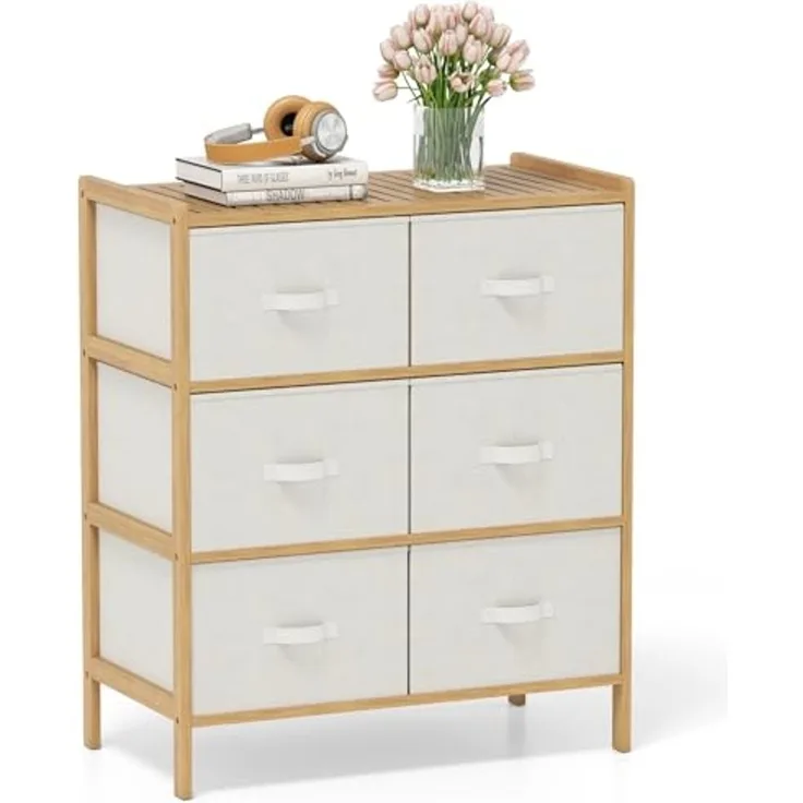 FANTASK Kommode Bambus, Schubladenschrank mit 6 faltbaren Stoffschubladen & oberem Regal, klein komodenschrank für Schlafzimmer, Flur, Natur