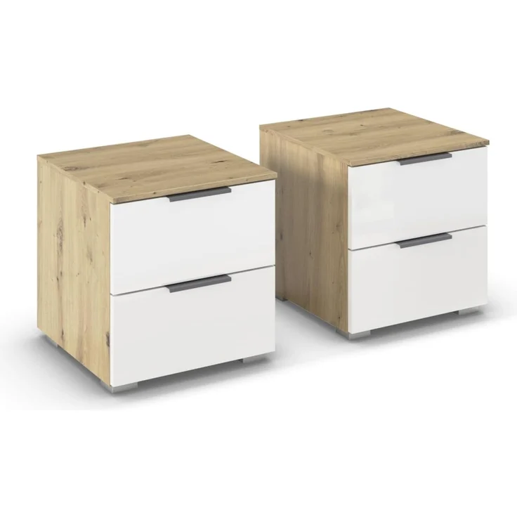 Rauch Möbel Alabama, Nachttisch-Paar für Schlafzimmer, Kinderzimmer, mit je 2 Schubladen, Soft-Close-Funktion, Farbe Hochglanz Weiß/Eiche Artisan, Holz, Griff Grau metallic, Maße 40 x 42 x 42 cm