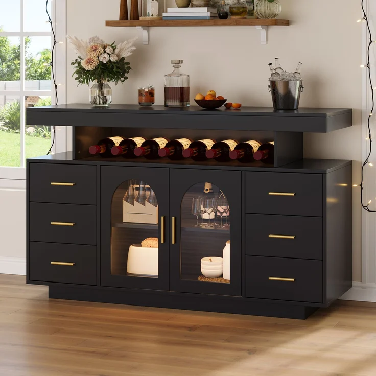 Weinschrank 140 x 40 x 82 cm aus MDF mit 6 Schubladen, Bogenglastüren und RGB-LED-Beleuchtung – Bild 1