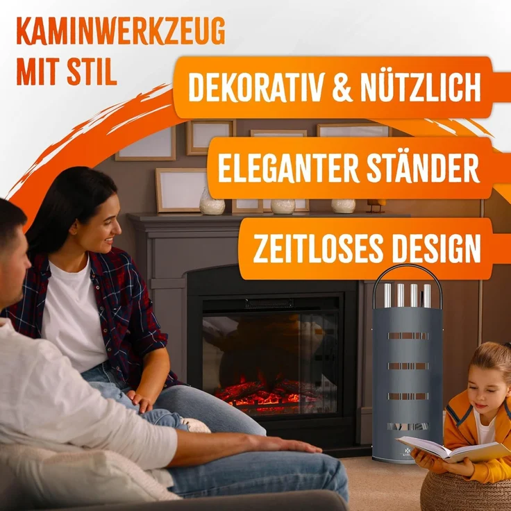 KESSER® Kaminzubehör 5-teiliges Kaminbesteck Set – Modern Design, beschichtet, Hochwertige Kamingarnitur aus 5 Teilen: Besen, Schaufel, Schürhaken, Zange, Ständer mit Sichtschutz Edelstahl Anthrazit – Bild 2