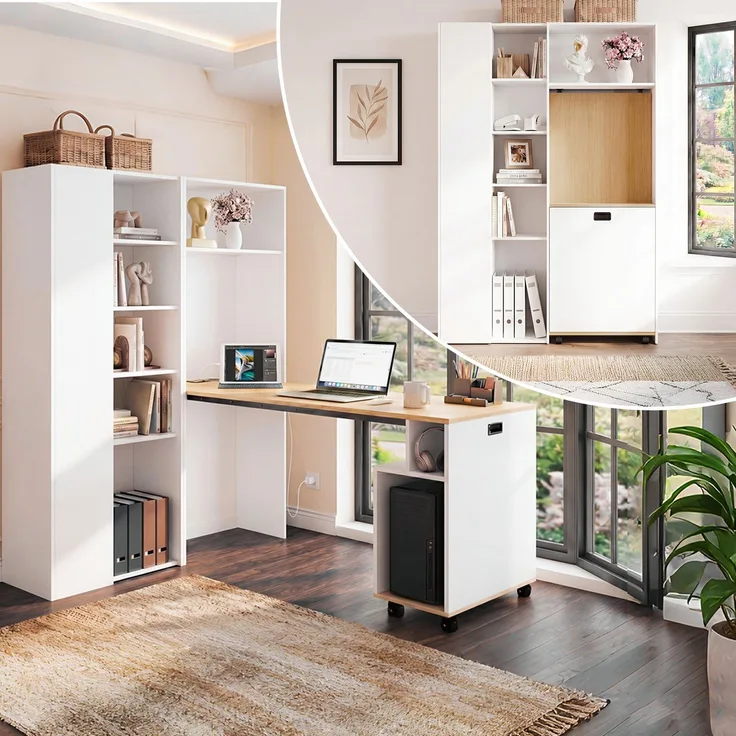ZUBALIYA Klappbarer Schreibtisch mit Ablagen –2-in-1-Bücherregal und Schreibtisch, klappbar, mit Steckdose und USB-Anschluss, höhenverstellbare Ablagen, Kippschutz, weiß-Schreibtisch,Eck-Schreibtisch –links