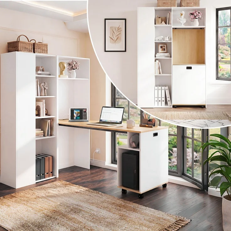 ZUBALIYA Klappbarer Schreibtisch mit Ablagen –2-in-1-Bücherregal und Schreibtisch, klappbar, mit Steckdose und USB-Anschluss, höhenverstellbare Ablagen, Kippschutz, weiß-Schreibtisch,Eck-Schreibtisch –links – Bild 1