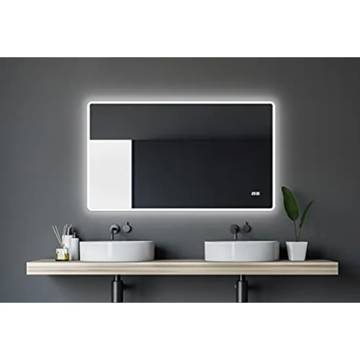Talos Talos Sun LED Badspiegel 120x70 cm, beleuchtet mit Digitaluhr und energiesparender LED-Lichtumrahmung, gebürstete Stahloptik