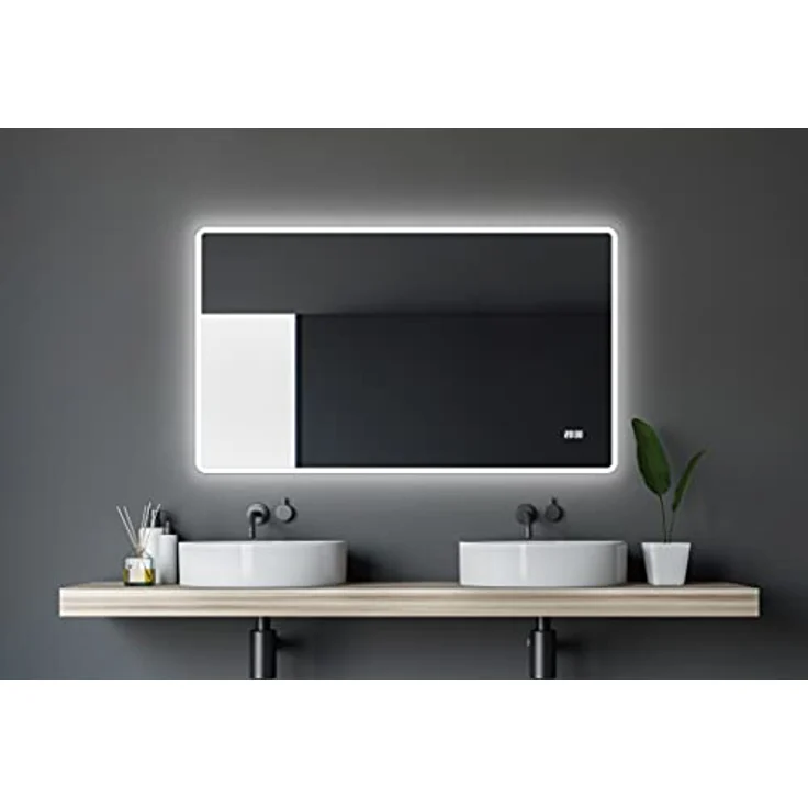 Talos Talos Sun LED Badspiegel 120x70 cm, beleuchtet mit Digitaluhr und energiesparender LED-Lichtumrahmung, gebürstete Stahloptik – Bild 1