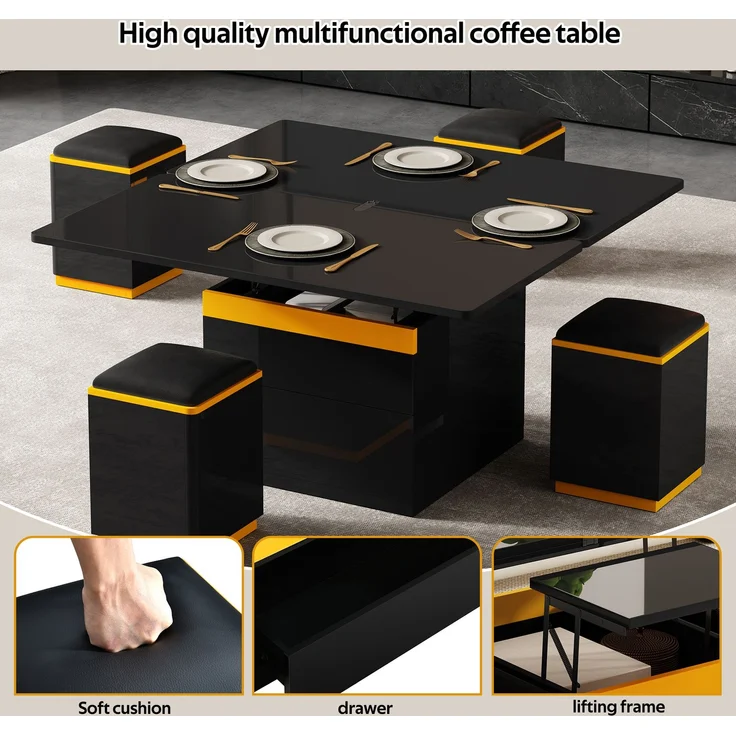 EINHOM Moderner Schwarzer Hochglanz-Couchtisch, Stilvoller Beistelltisch, Multifunktionaler, Höhenverstellbarer Couchtisch, Klappbarer Esstisch/Wohnzimmermöbel, 100 x 50 x 43 cm (L x B x H) – Bild 7