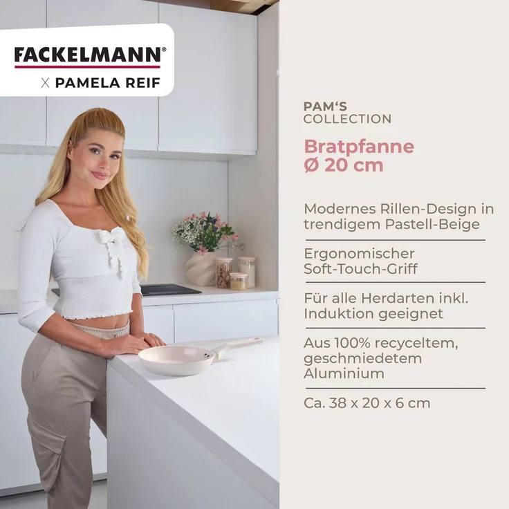 Fackelmann x Pamela Reif Bratpfanne – Ø 20 cm, Aus geschmiedetem, recycelten Aluminium in Pastell Beige, keramische, PFAS-freie Beschichtung, hitzebeständig bis 150 Grad C – Reinigung per Hand – Bild 2
