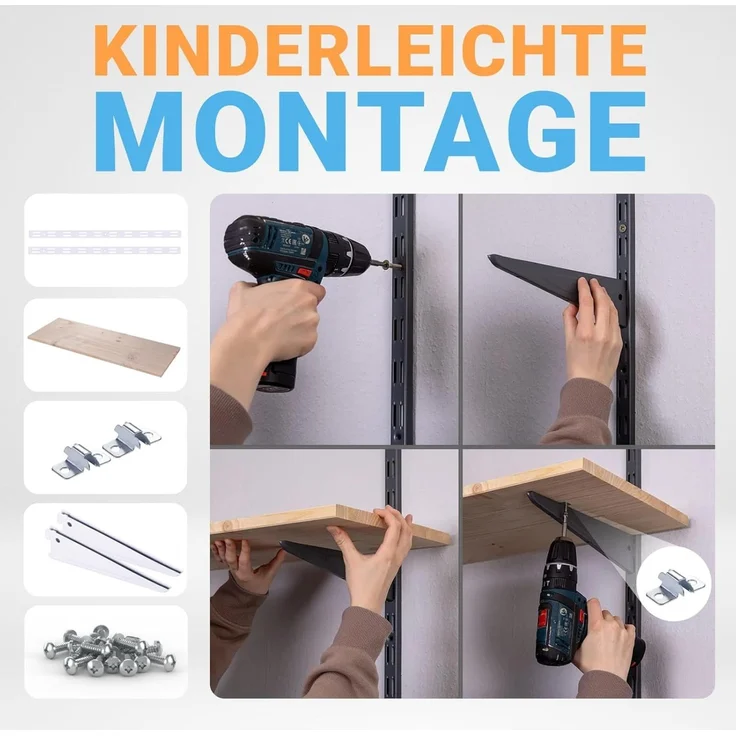 BOOMET Wandregal Metall Regal mit Fichtenböden · Regalsystem in 50 Größen ·, 80 15-tlg, Bausatz · Wandschienen Regalsystem · Regalträger Schienensystem – Bild 4