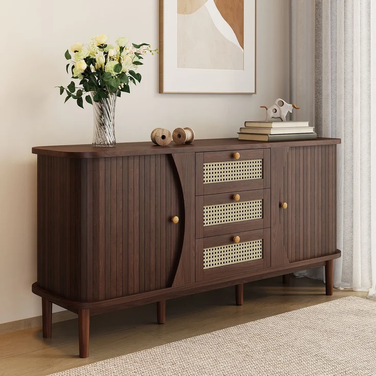 Merax Sideboard, Rattankommode, Kommode mit Schiebetüren, verstellbaren Einlegeböden und abgerundeter Platte, Walnuss – Bild 7