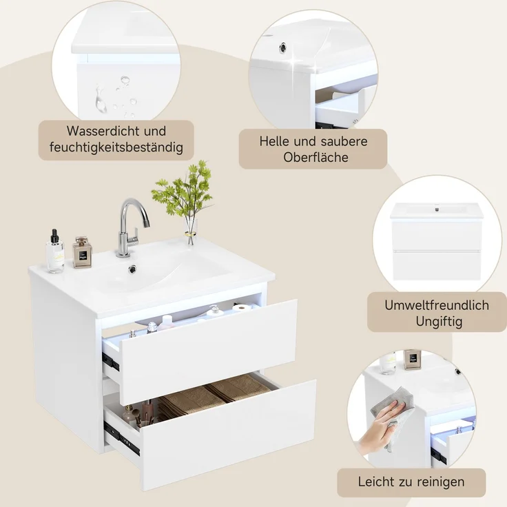 Wandhängender Waschtisch 61 x 46 x 45 cm aus lackiertem MDF mit Keramikbecken und LED-Sensorlicht – Bild 5