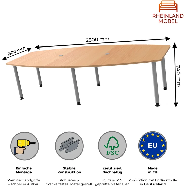 Rheinland Möbel Konferenztisch KONTI 280x130 cm – ovaler Besprechungstisch in Buche mit silbernen Rundrohrfüßen & 2 Kabelauslässen, erweiterbarer Meetingtisch für 8–10 Personen, moderner XXL-Tisch fürs Büro – Bild 3