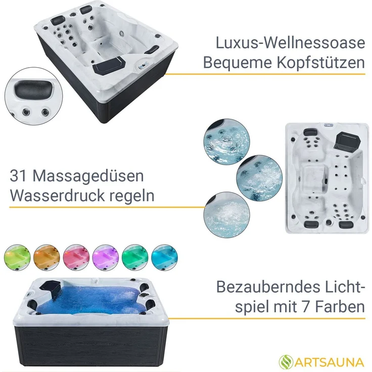 Artsauna Outdoor Whirlpool Oasis mit Treppe - Spa mit Massagedüsen, LED-Beleuchtung, 2 Filter, Abdeckung, Pumpe - Whirlpool winterfest & beheizbar – Bild 3