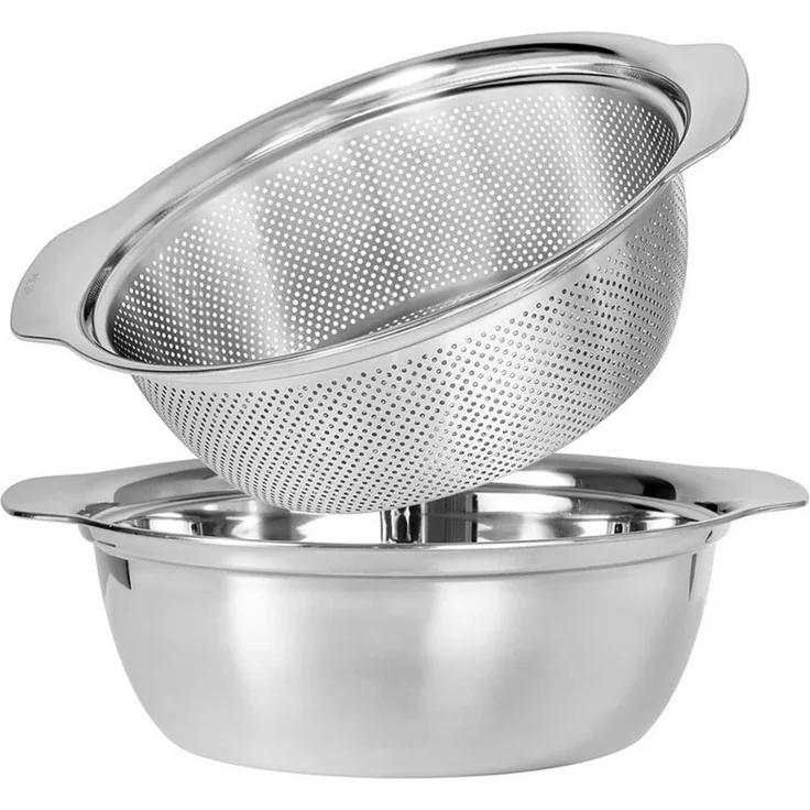 OSTWOLKE Küchensieb 2er Seiher & Schüsselset Nudelsieb Abtropfsieb Salat-Sieb Rührschüssel, Edelstahl 18/10